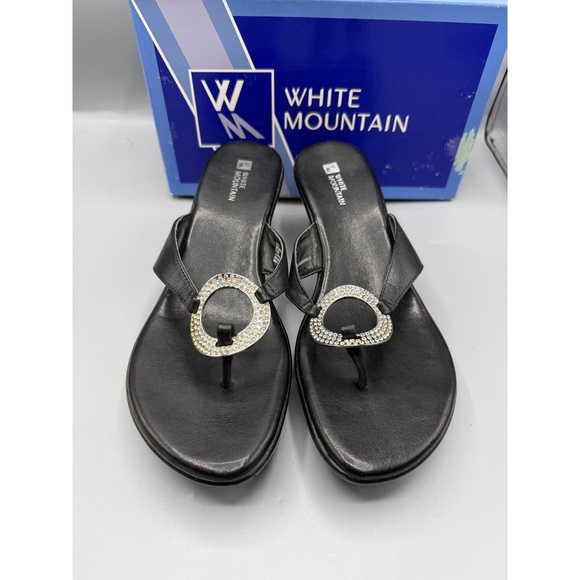 White Mountain Wedge Thong Sandals 9.5M Black Rhinestone Very Good Used‎ Glamour - Picture 2 of 8